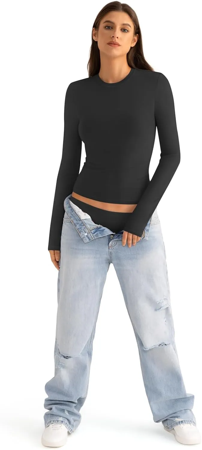 Womens Cotton Long Sleeve Shirts Crew Neck Slim Fit Basic Going Out Crop Outfits for Spring Fall 2025