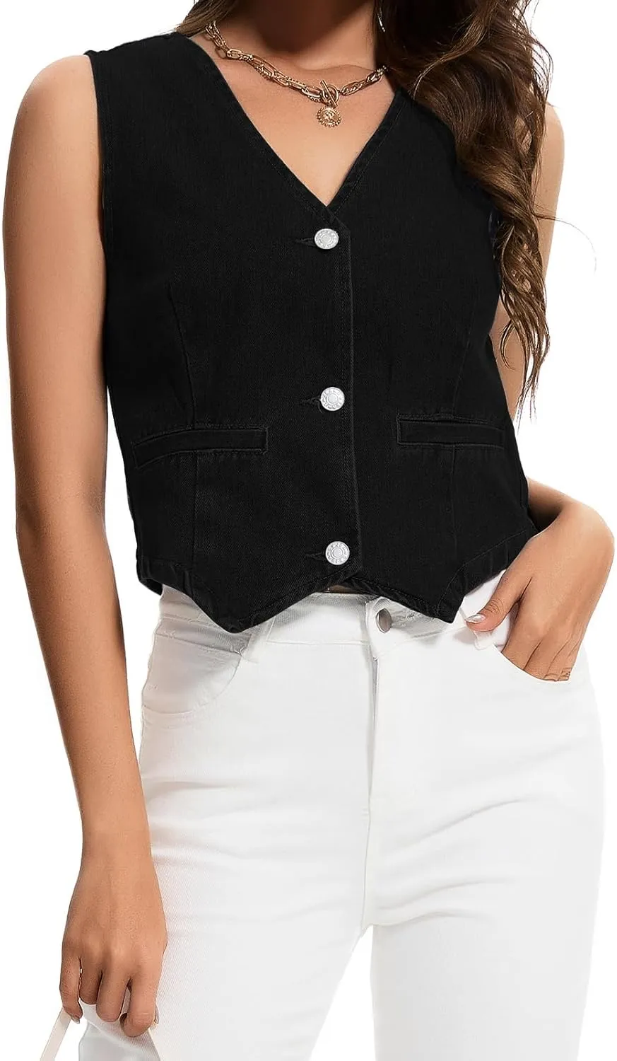 Womens Denim Vest Sleeveless V Neck Button Down Jean Jacket Y2K Summer Crop Tops
