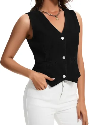 Womens Denim Vest Sleeveless V Neck Button Down Jean Jacket Y2K Summer Crop Tops