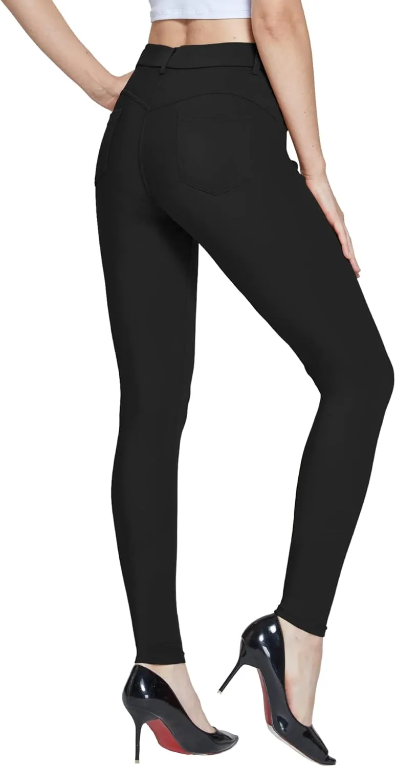 Women's Dress Pants Pull-on Super Stretch Business Casual Jeggings Capris Work Leggings with Pockets