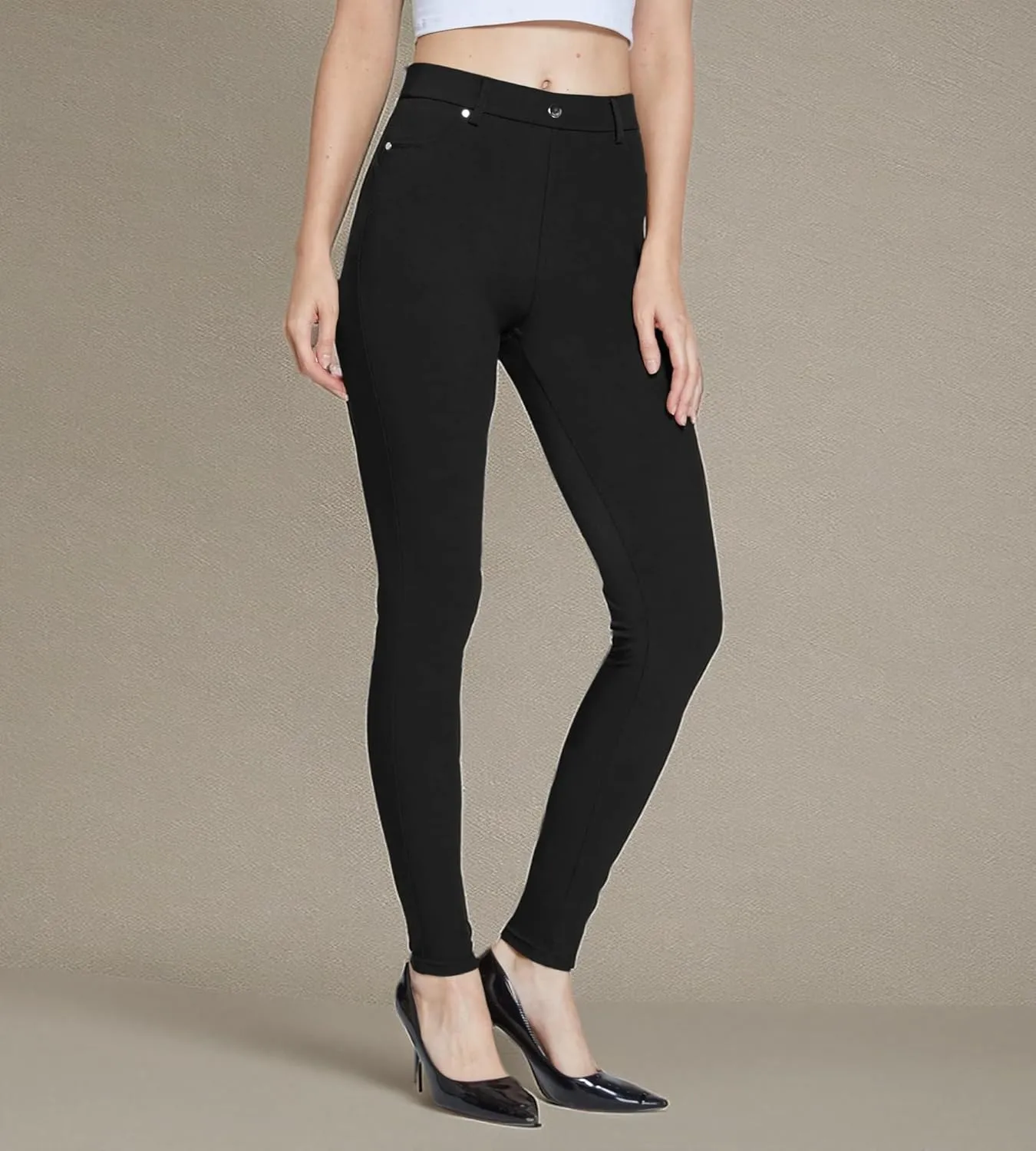 Women's Dress Pants Pull-on Super Stretch Business Casual Jeggings Capris Work Leggings with Pockets