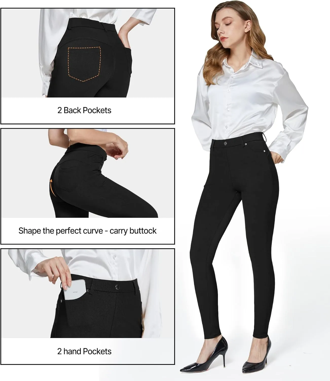 Women's Dress Pants Pull-on Super Stretch Business Casual Jeggings Capris Work Leggings with Pockets