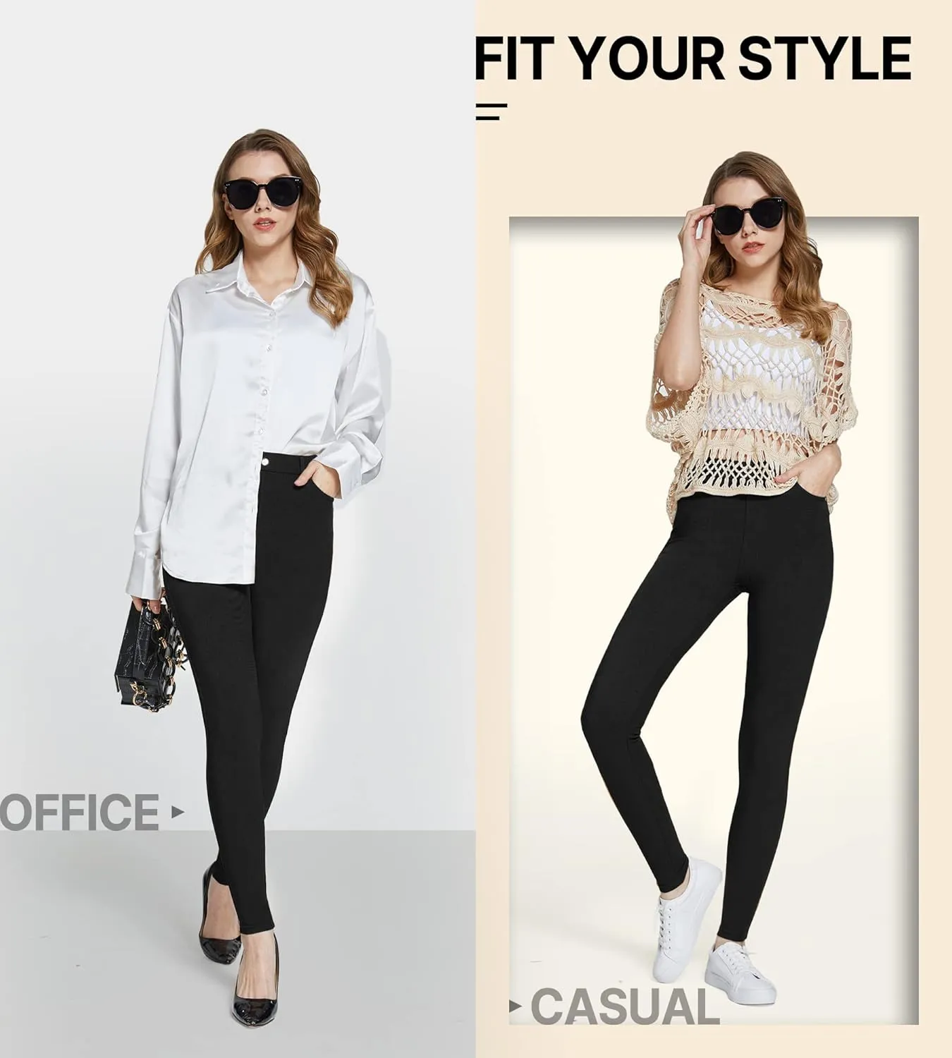 Women's Dress Pants Pull-on Super Stretch Business Casual Jeggings Capris Work Leggings with Pockets