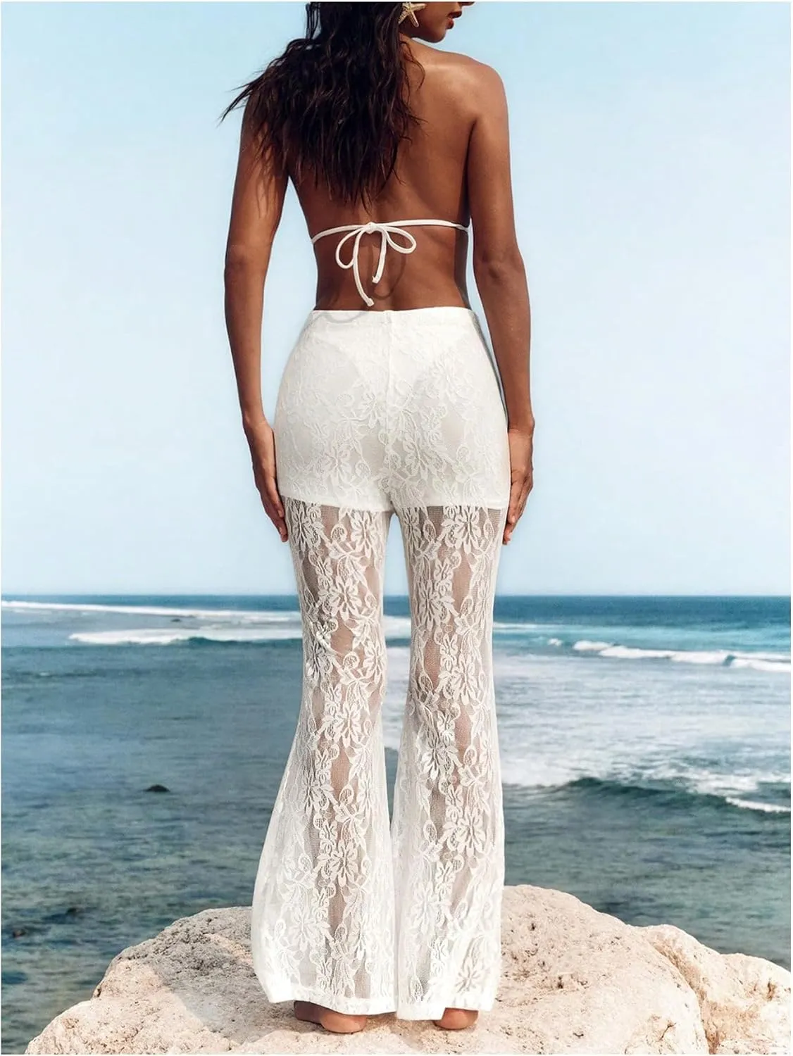 Women's Floral Lace Sheer Mesh Flare Pants Elastic High Waisted Long Trousers