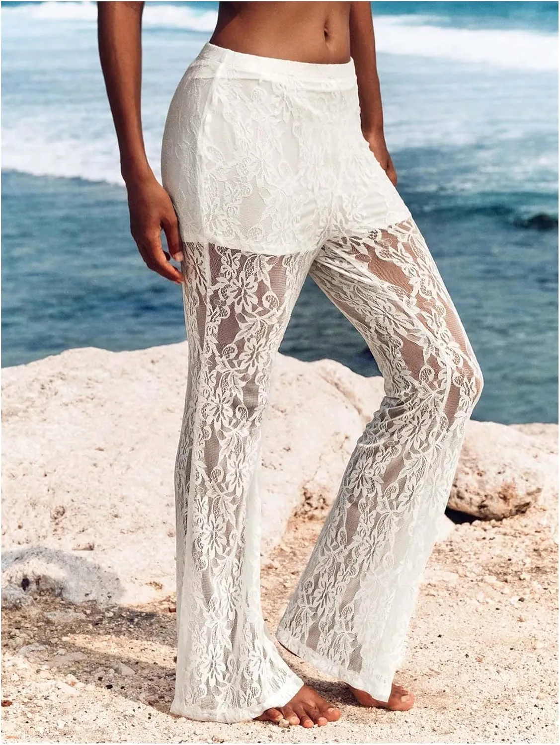 Women's Floral Lace Sheer Mesh Flare Pants Elastic High Waisted Long Trousers