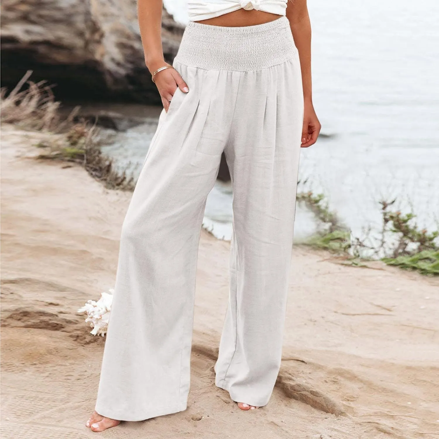Womens Flowy Pants Loose Linen Wide Leg Pants High Waisted Elastic Waistband Trousers Preppy Cotton Linen Joggers Bottoms