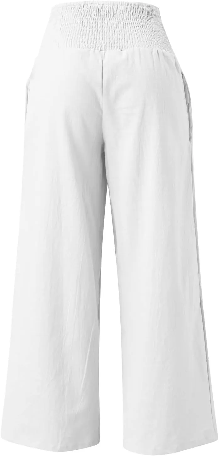 Womens Flowy Pants Loose Linen Wide Leg Pants High Waisted Elastic Waistband Trousers Preppy Cotton Linen Joggers Bottoms
