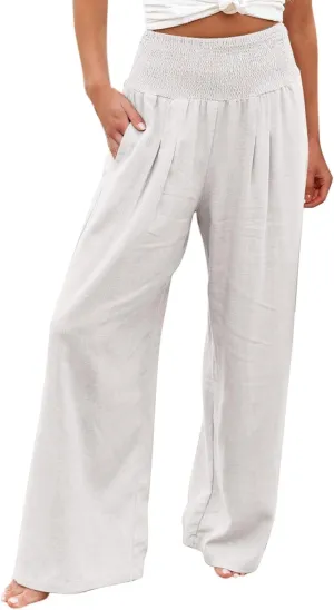 Womens Flowy Pants Loose Linen Wide Leg Pants High Waisted Elastic Waistband Trousers Preppy Cotton Linen Joggers Bottoms