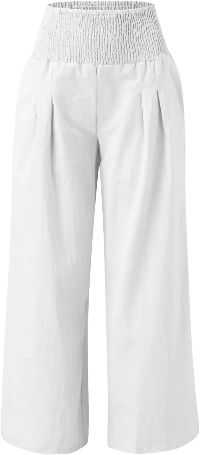 Womens Flowy Pants Loose Linen Wide Leg Pants High Waisted Elastic Waistband Trousers Preppy Cotton Linen Joggers Bottoms