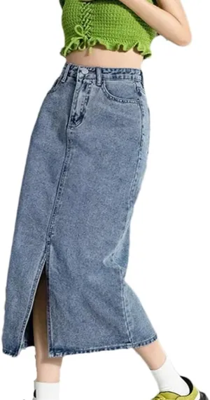 Women's Front Slit 5-Pocket Washed Denim Skirt High Waisted Slim Fit Vintage Jeans Midi Skirts