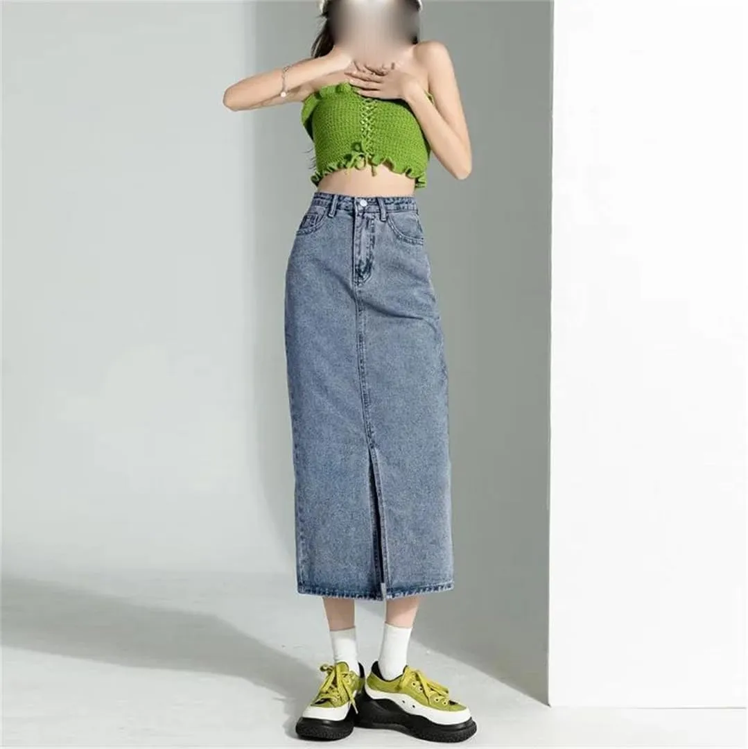 Women's Front Slit 5-Pocket Washed Denim Skirt High Waisted Slim Fit Vintage Jeans Midi Skirts
