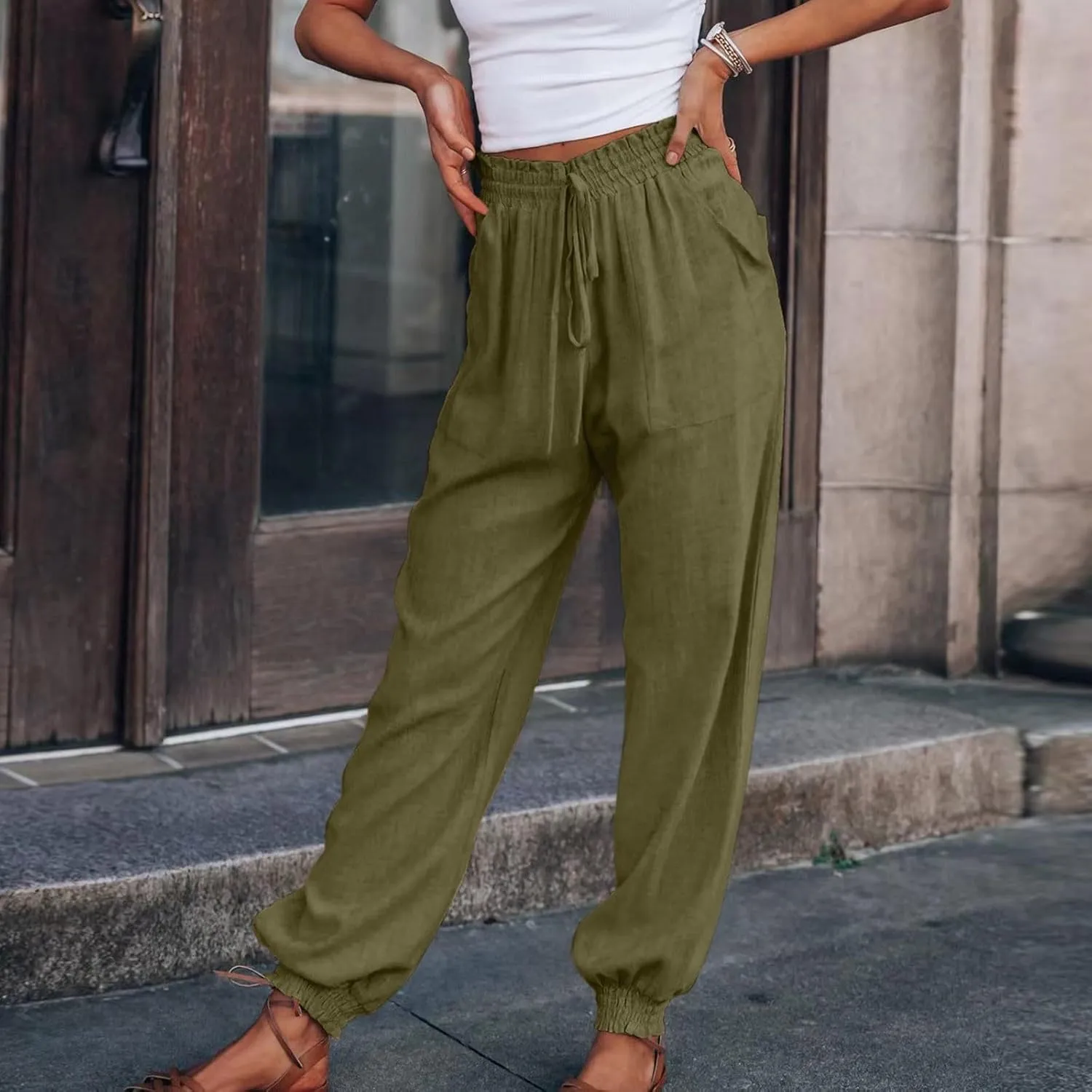 Women's Harem Pants High Waist Boho Trousers with Pockets Summer Casual Cropped Tapered Lightweight Beach Outfits