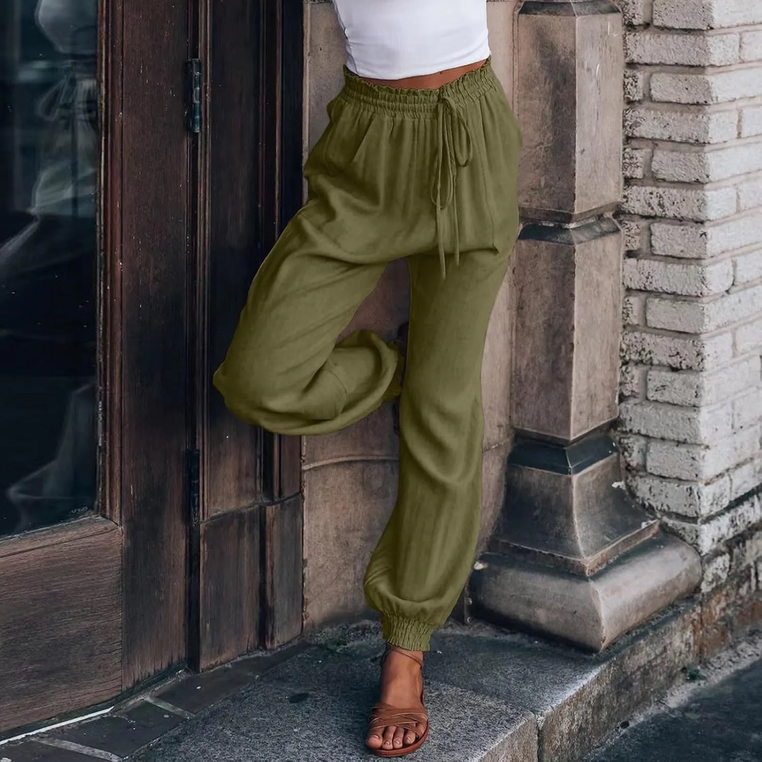 Women's Harem Pants High Waist Boho Trousers with Pockets Summer Casual Cropped Tapered Lightweight Beach Outfits