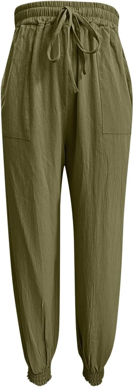 Women's Harem Pants High Waist Boho Trousers with Pockets Summer Casual Cropped Tapered Lightweight Beach Outfits