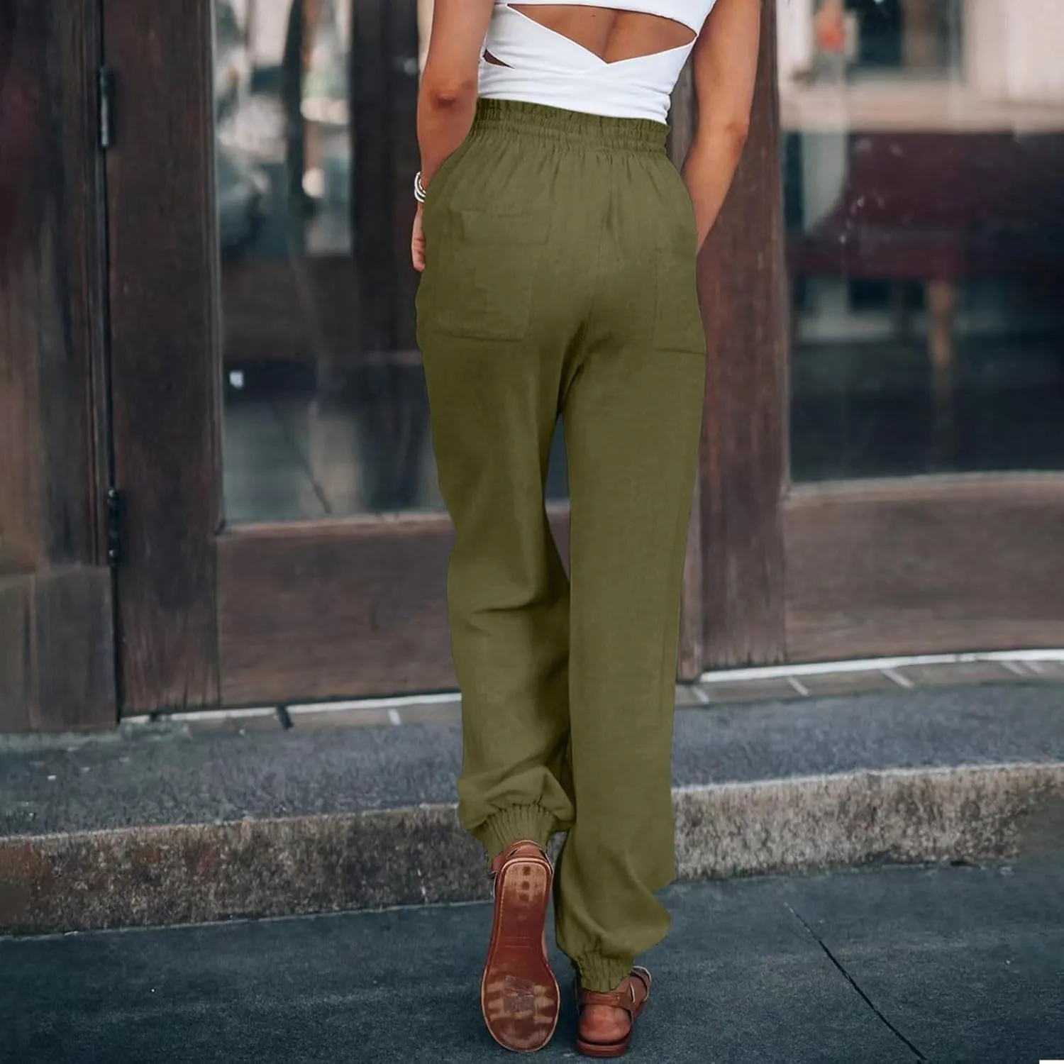 Women's Harem Pants High Waist Boho Trousers with Pockets Summer Casual Cropped Tapered Lightweight Beach Outfits