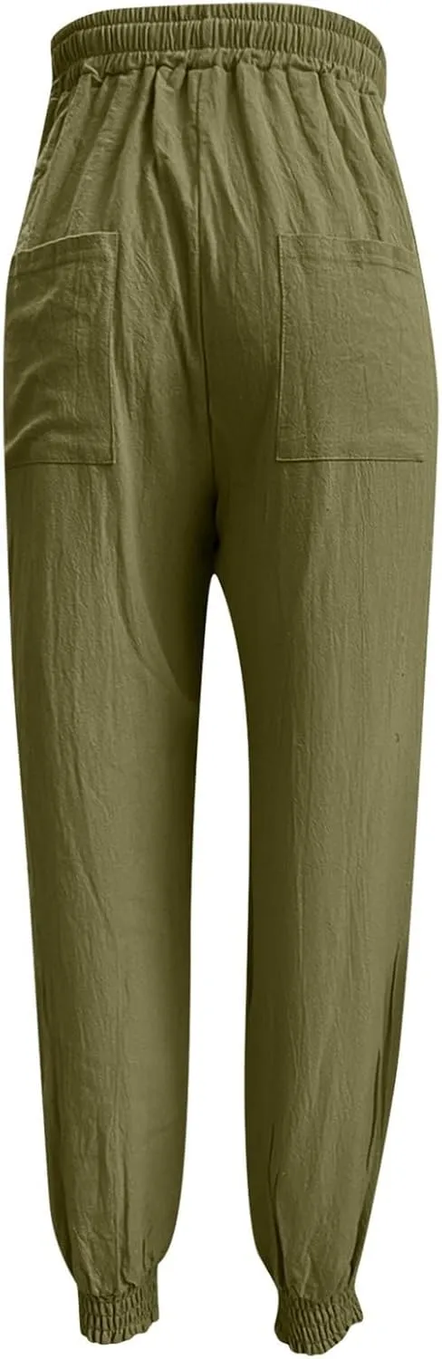 Women's Harem Pants High Waist Boho Trousers with Pockets Summer Casual Cropped Tapered Lightweight Beach Outfits