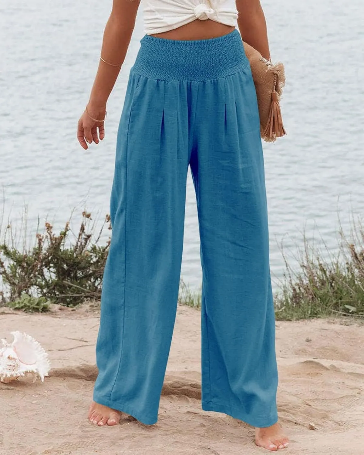 Womens High Waist Palazzo Linen Pants Wide Leg Casual Lightweight Trousers Summer Hawaii Beach Pants Vacation Outfits