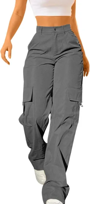 Womens High Waist Straight Leg Pants Solid Color Casual Trousers with Pockets 2024 Trendy Casual Cargo Joggers Pants