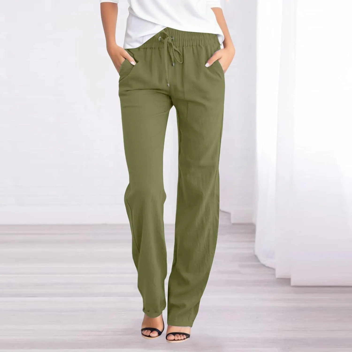 Womens High Waist Summer Linen Pants Baggy Straight Leg Casual Pants with Pockets Drawstring Comfy Lounge Trousers