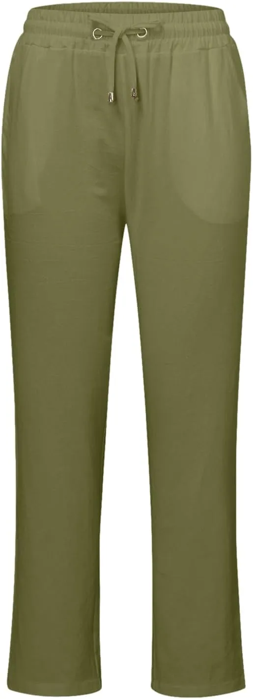 Womens High Waist Summer Linen Pants Baggy Straight Leg Casual Pants with Pockets Drawstring Comfy Lounge Trousers