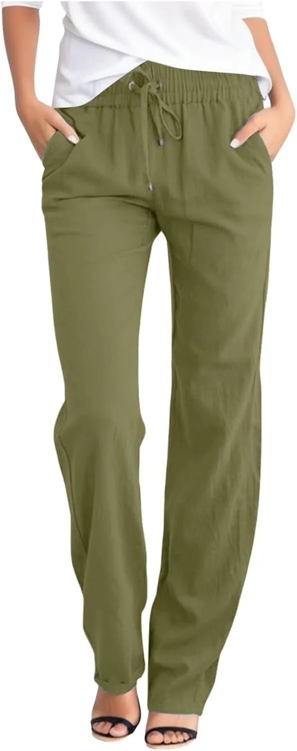 Womens High Waist Summer Linen Pants Baggy Straight Leg Casual Pants with Pockets Drawstring Comfy Lounge Trousers