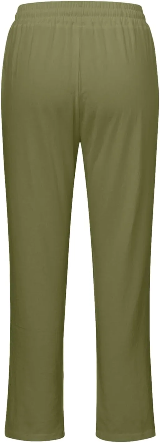 Womens High Waist Summer Linen Pants Baggy Straight Leg Casual Pants with Pockets Drawstring Comfy Lounge Trousers