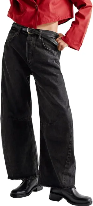 Womens High Waisted Barrel Jeans Casual Loose Boyfriend Wid Leg Denim Pants Trendy Tassel Hem Trousers with Pockets