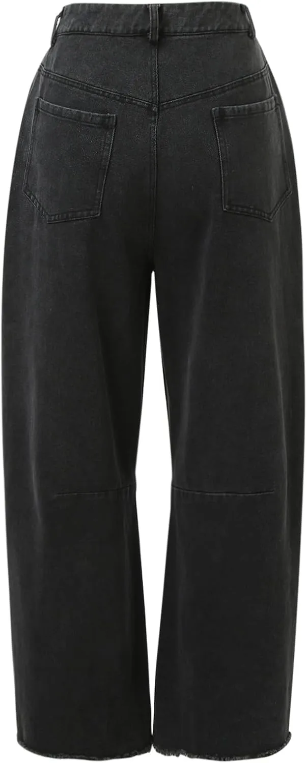 Womens High Waisted Barrel Jeans Casual Loose Boyfriend Wid Leg Denim Pants Trendy Tassel Hem Trousers with Pockets