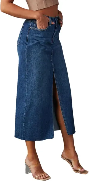 Women's High Waisted Front Slit Pencil Jean Skirt 5-Pockets Slim Fit Vintage Denim Midi Skirts