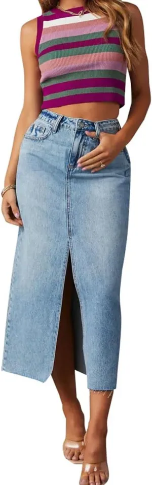 Women's High Waisted Front Slit Pencil Jean Skirt 5-Pockets Slim Fit Vintage Denim Midi Skirts