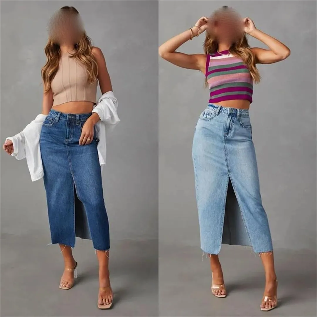 Women's High Waisted Front Slit Pencil Jean Skirt 5-Pockets Slim Fit Vintage Denim Midi Skirts
