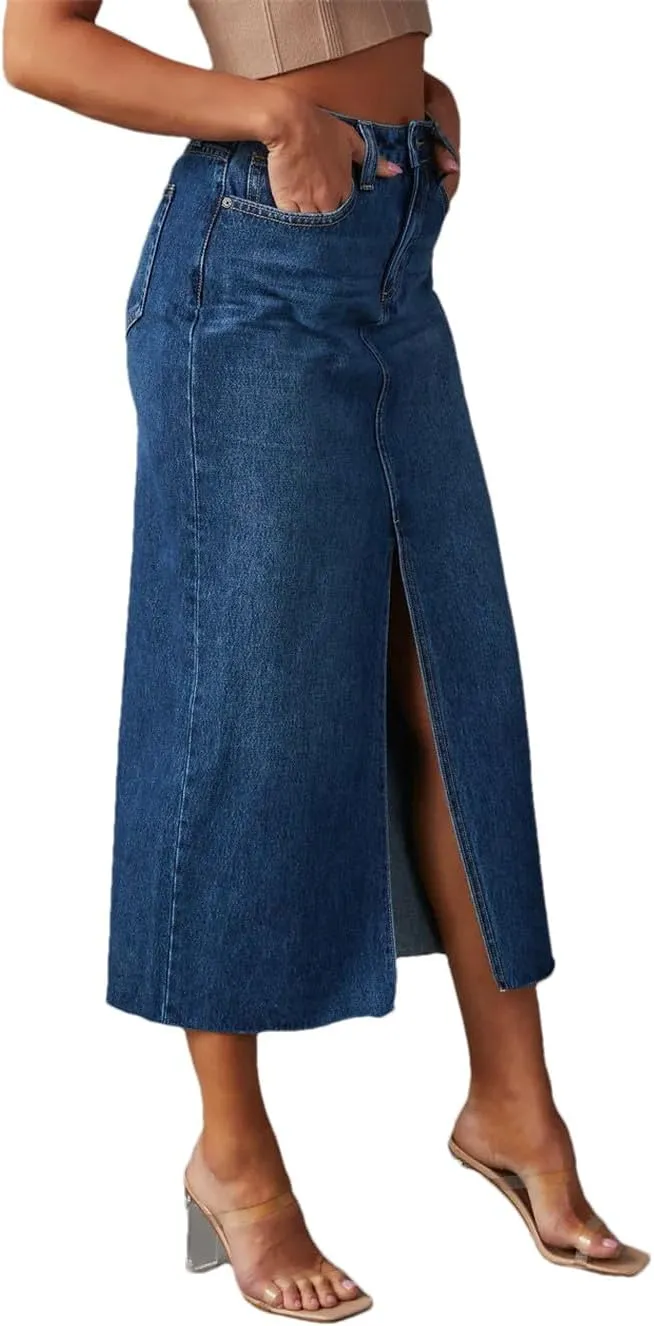 Women's High Waisted Front Slit Pencil Jean Skirt 5-Pockets Slim Fit Vintage Denim Midi Skirts