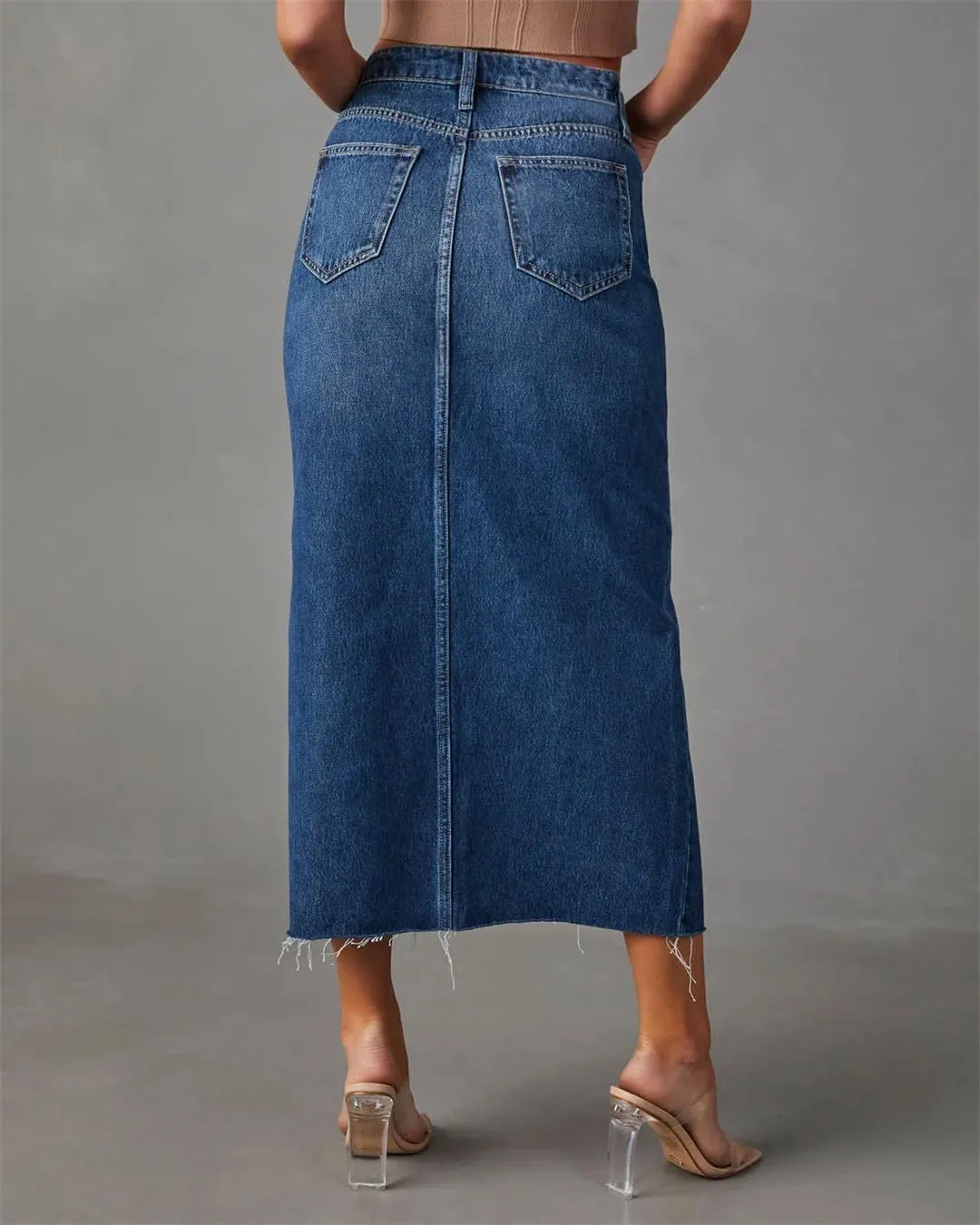 Women's High Waisted Front Slit Pencil Jean Skirt 5-Pockets Slim Fit Vintage Denim Midi Skirts