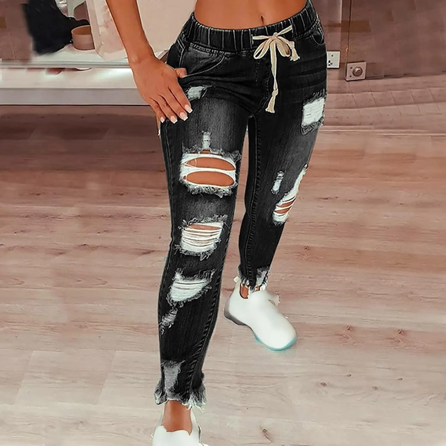 Women's High Waisted Ripped Jeans Slim Fit Skinny Stretch Denims Pants Casual Drawstring Cropped Destroyed Trousers