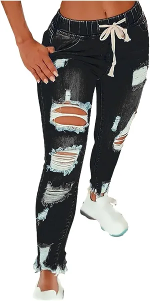 Women's High Waisted Ripped Jeans Slim Fit Skinny Stretch Denims Pants Casual Drawstring Cropped Destroyed Trousers
