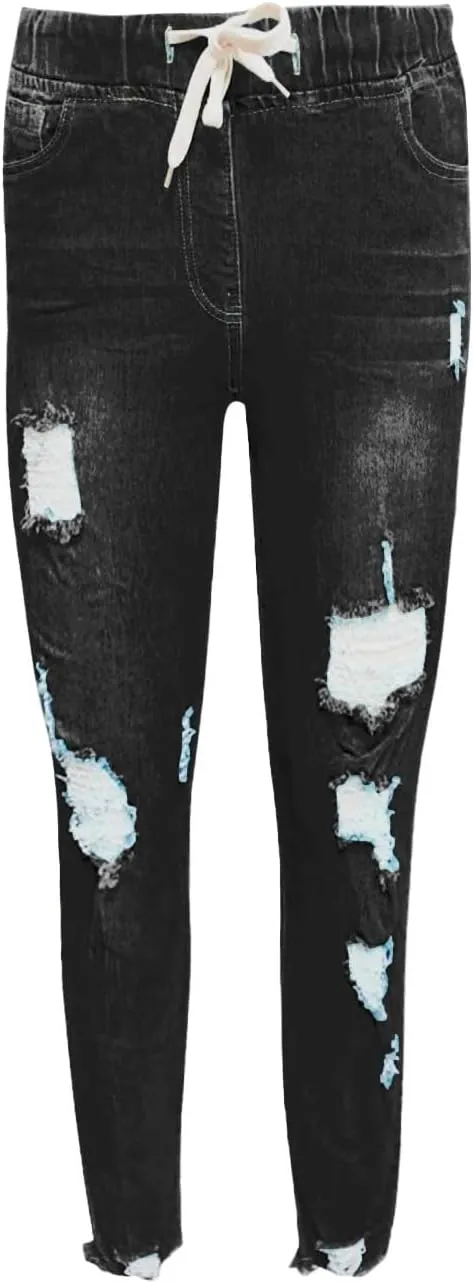 Women's High Waisted Ripped Jeans Slim Fit Skinny Stretch Denims Pants Casual Drawstring Cropped Destroyed Trousers