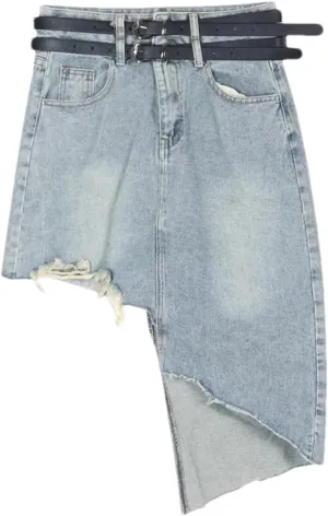 Women's High Waisted Ruffled Denim Skirt Summer Irregular Slim Fit Double Waistband A-Line Jeans Skirt