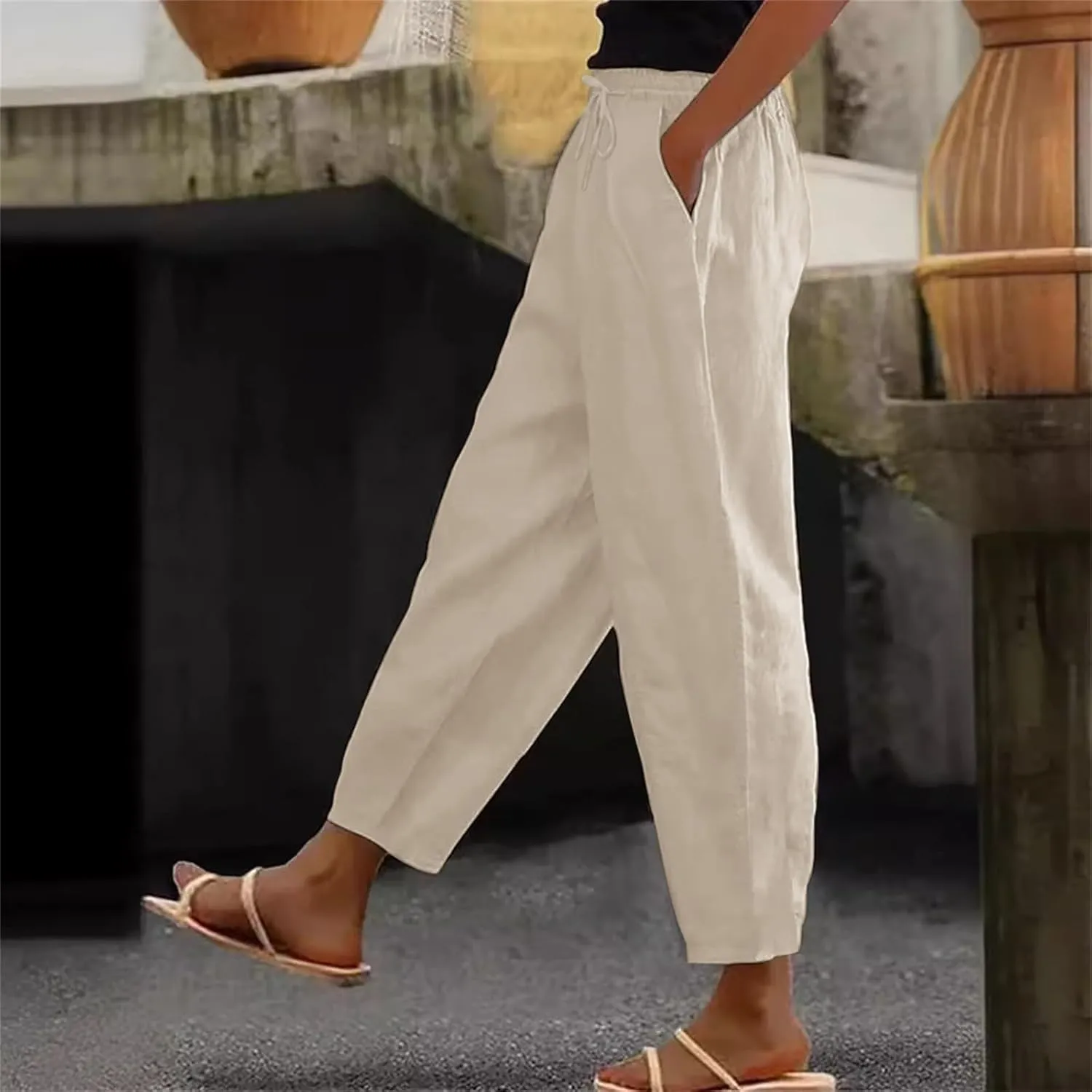 Women's High Waisted Straight Leg Pants Stretchy Business Casual Beach Pants Plus Size Work Trousers with Pockets