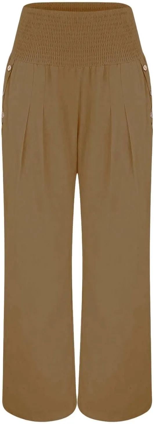 Women's Linen Blend Summer Fashion Palazzo Pants High Waist Wide Leg Plus Size Pant Trousers Beach