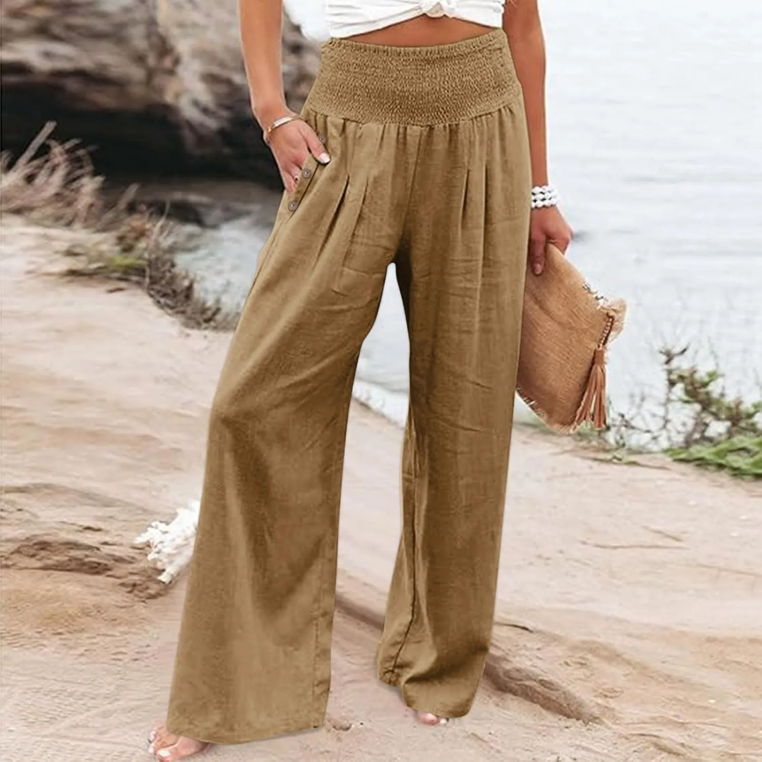 Women's Linen Blend Summer Fashion Palazzo Pants High Waist Wide Leg Plus Size Pant Trousers Beach