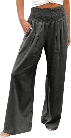 Women's Linen Blend Summer Fashion Palazzo Pants High Waist Wide Leg Plus Size Pant Trousers Beach