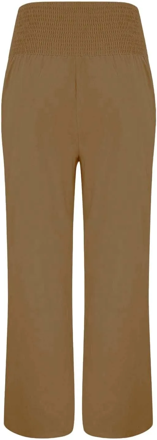 Women's Linen Blend Summer Fashion Palazzo Pants High Waist Wide Leg Plus Size Pant Trousers Beach