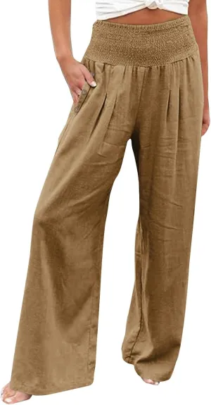Women's Linen Blend Summer Fashion Palazzo Pants High Waist Wide Leg Plus Size Pant Trousers Beach