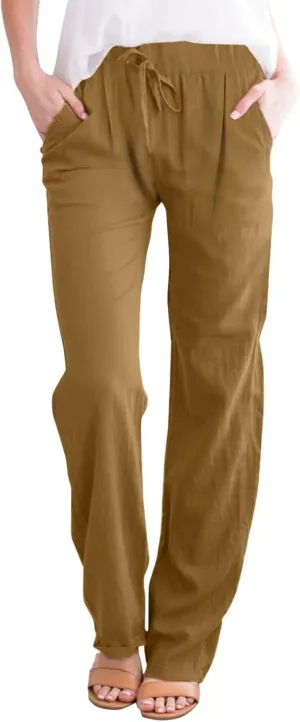 Women's Linen Capri Pants Elastic Pants Long Drawstring Linen Women Waist Comfy Gauze Casual Lightweight Loose