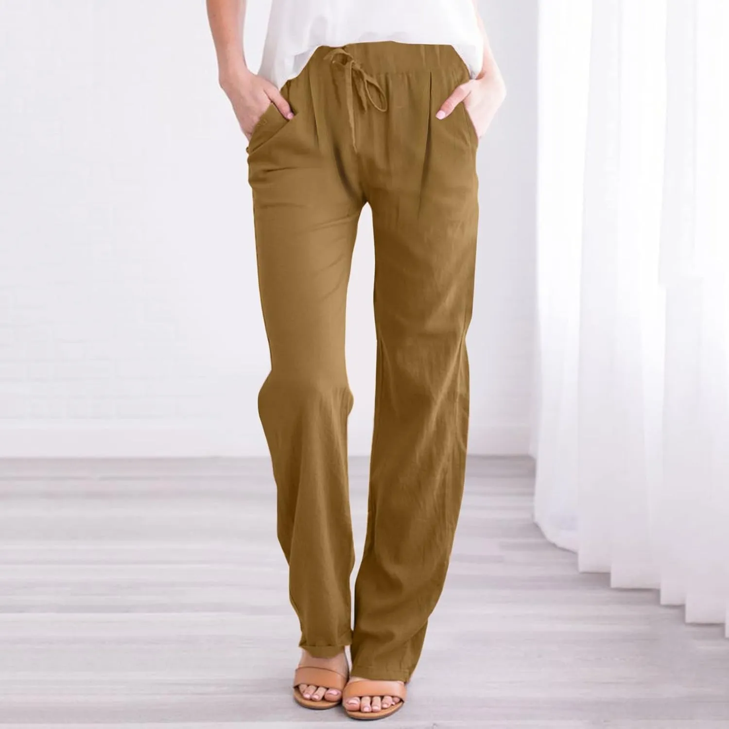Women's Linen Capri Pants Elastic Pants Long Drawstring Linen Women Waist Comfy Gauze Casual Lightweight Loose
