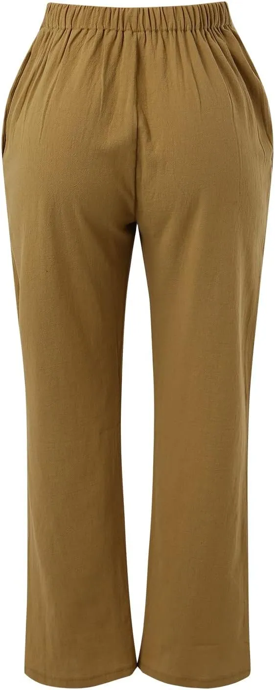 Women's Linen Capri Pants Elastic Pants Long Drawstring Linen Women Waist Comfy Gauze Casual Lightweight Loose