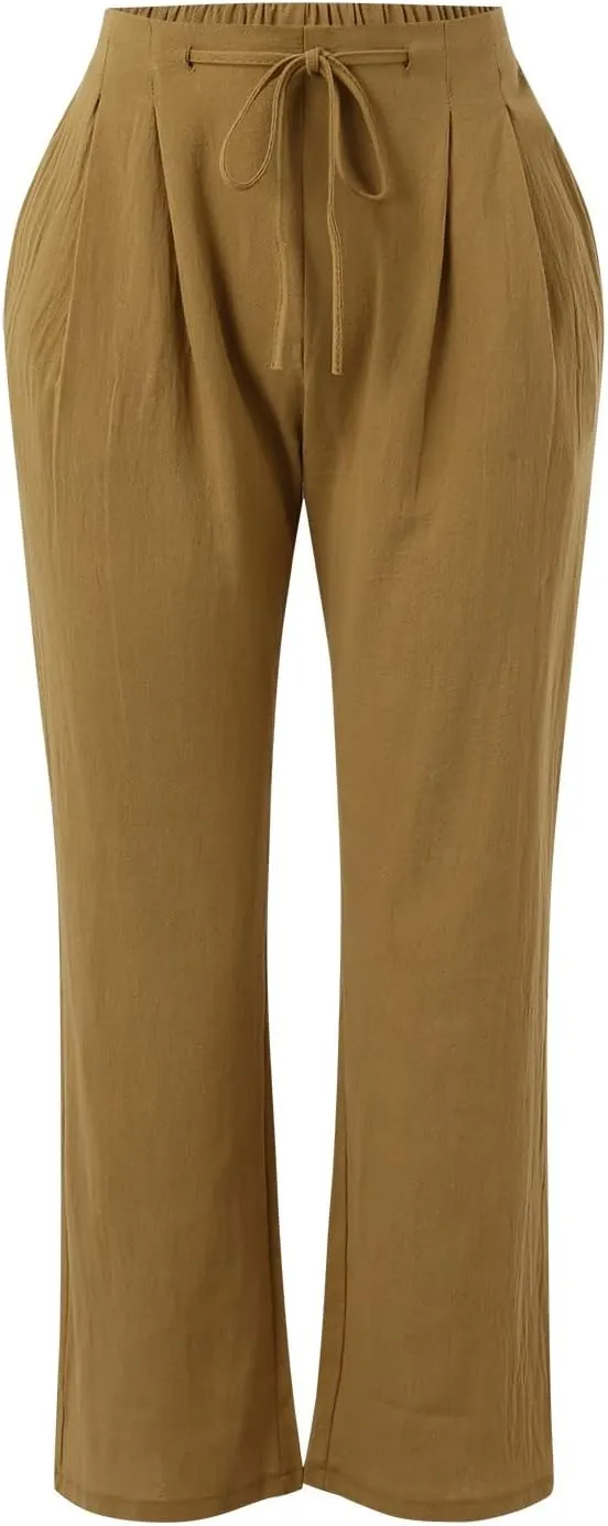 Women's Linen Capri Pants Elastic Pants Long Drawstring Linen Women Waist Comfy Gauze Casual Lightweight Loose