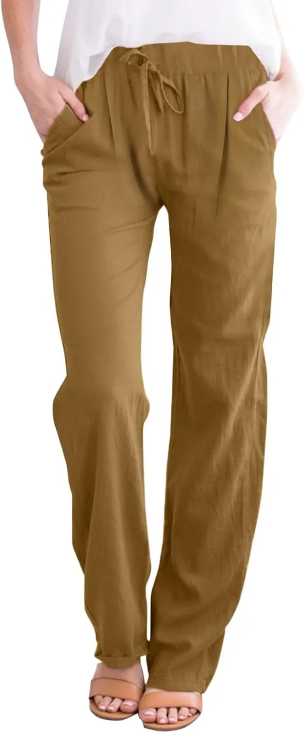 Women's Linen Capri Pants Elastic Pants Long Drawstring Linen Women Waist Comfy Gauze Casual Lightweight Loose