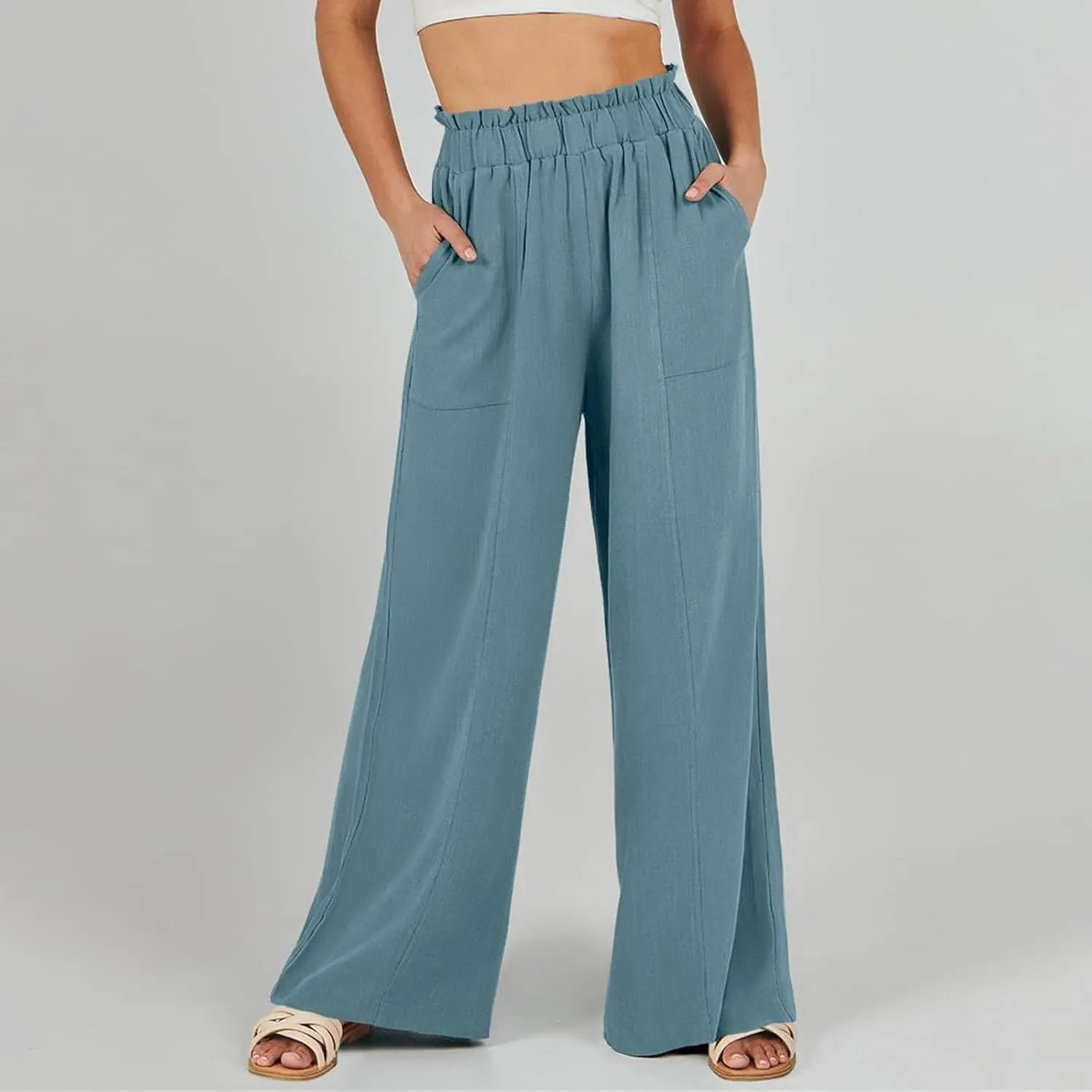 Women's Linen High Waisted Pants Palazzo Elastic Wide Leg Pant Flowy Beach Trousers for Summer Travel with Pockets