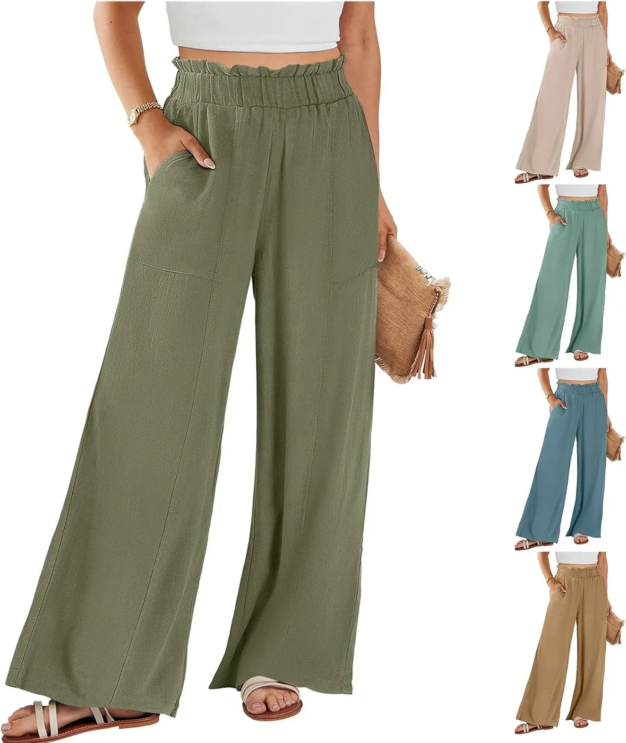 Women's Linen High Waisted Pants Palazzo Elastic Wide Leg Pant Flowy Beach Trousers for Summer Travel with Pockets